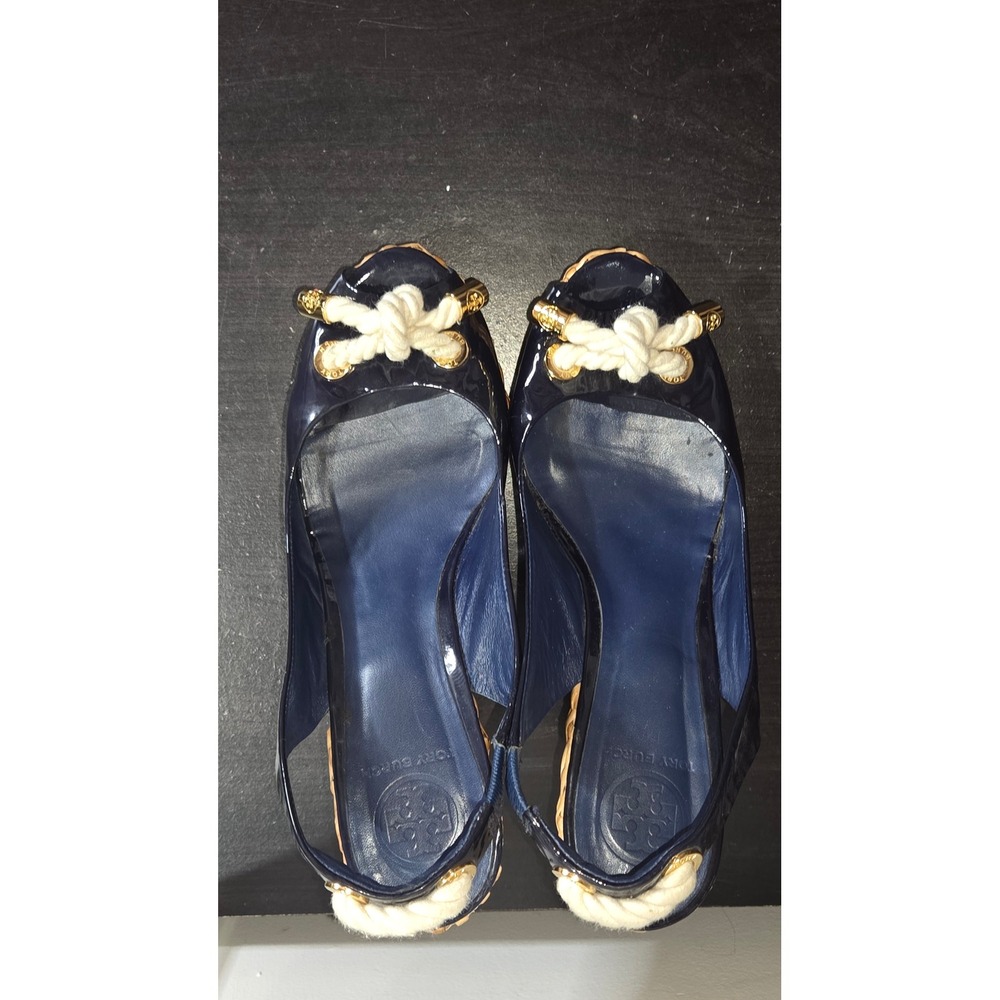 Tory Burch Navy Patent Leather Rope Wedge Sandals Peep Toe Slingback